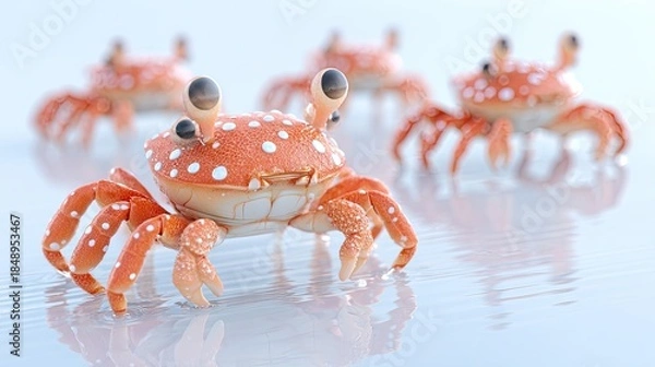 Obraz Orange crabs with white spots on reflective surface focus on front creature