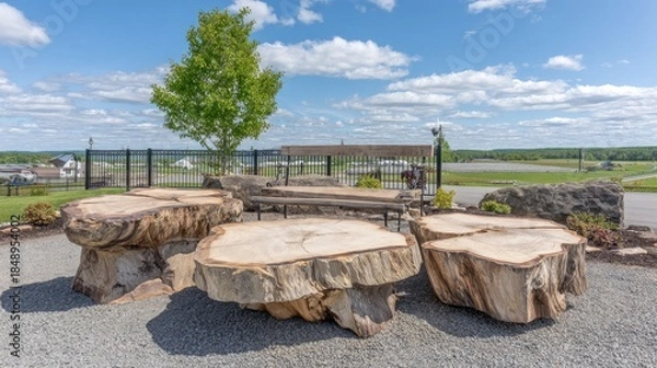 Obraz Outdoor seating area with unique tree trunk tables and park bench