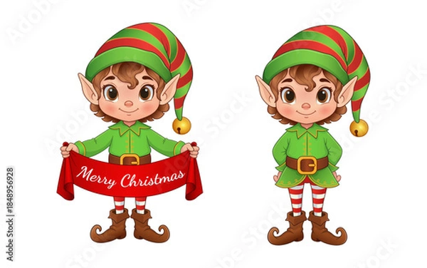 Obraz Christmas Elf Character Set, Vector Illustration of Elf Holding "Merry Christmas" Banner and Standing Pose, Festive Digital Art