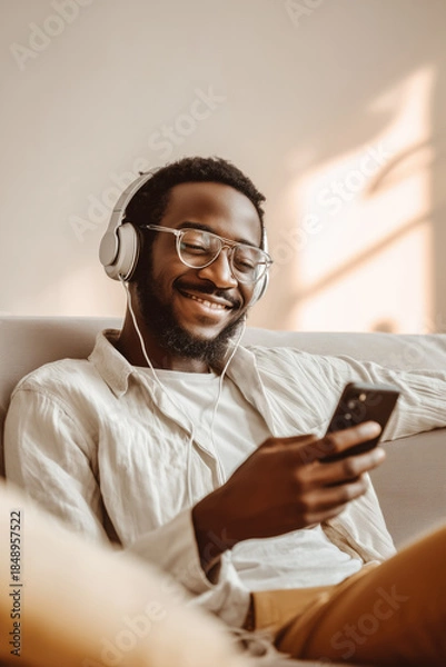 Obraz Man enjoying music while using smartphone at home