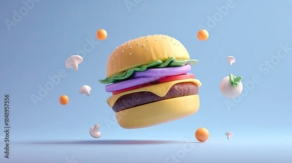 Obraz Stylized hamburger floating on blue background with decorative elements