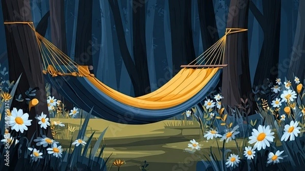 Obraz Tranquil forest scene empty hammock suspended between trees day or night