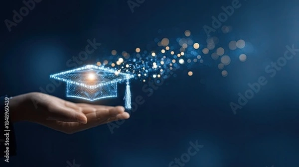 Obraz Digital graduation cap floating above hand illustrating education and knowledge