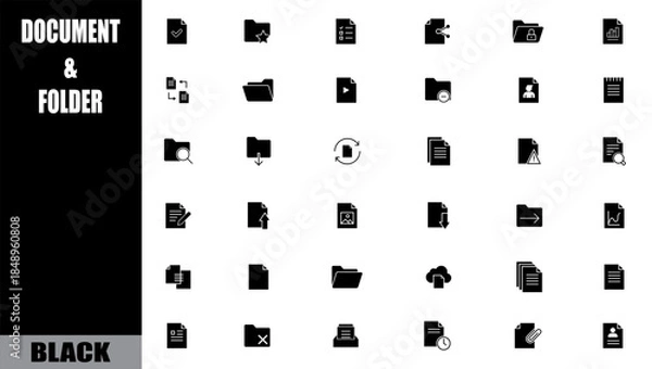 Fototapeta Black document and folder icon set for user interface design. file archive.