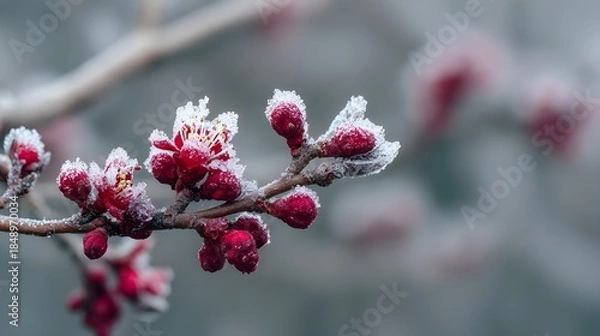 Obraz 冬の朝の霜に覆われた赤い梅のつぼみ