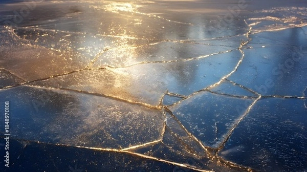 Obraz 夕日に照らされる凍結した湖の氷