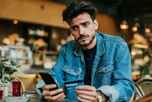 Obraz A man reflects while making an online purchase in a cafe setting, credit card in hand.