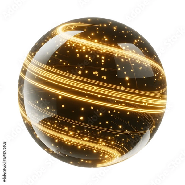 Fototapeta Glowing golden light trails and particles swirling within a transparent sphere on black isolated on transparent background, illustration