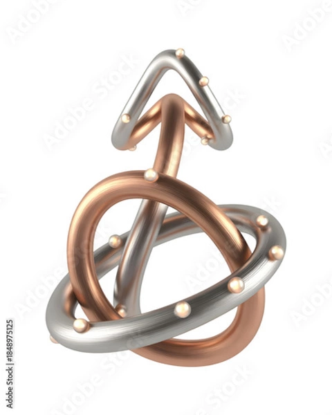 Fototapeta Intertwined metallic ribbons forming an upward arrow adorned with glowing pearl spheres isolated on transparent background, illustration