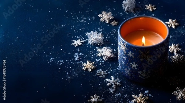 Obraz 並んで灯る冬のキャンドルと雪の装飾
