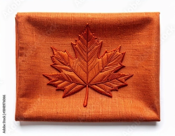 Obraz Embroidered Maple Leaf on Rectangular Orange Fabric Isolated on White Backdrop