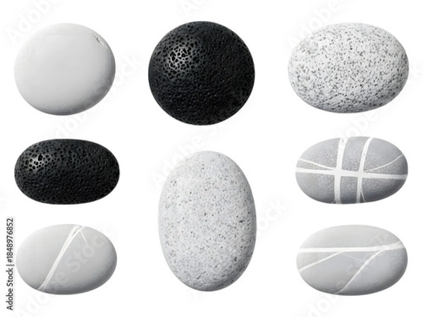 Fototapeta 3d illustration of collection of smooth and textured gray and black river stones isolated on transparent background