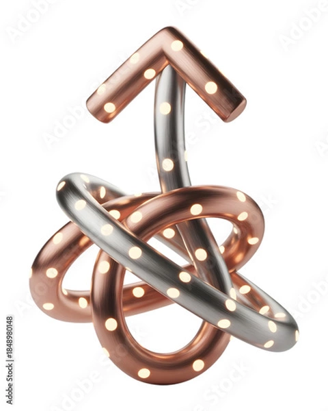 Fototapeta Intricate metallic knot adorned with luminous dots and an upward arrow symbol isolated on transparent background, illustration