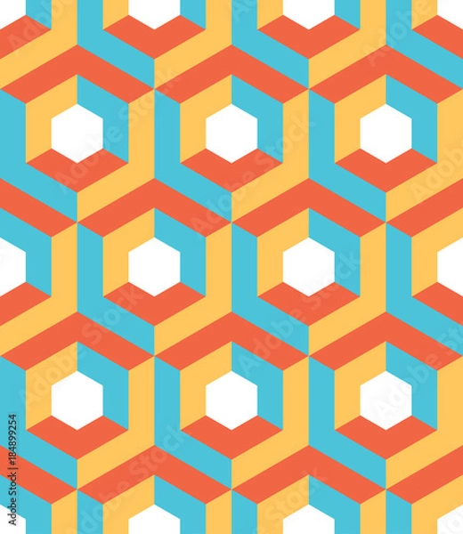 Fototapeta Abstract 3D background of isometric hexagonal shapes in retro colors. Vector seamless pattern design.