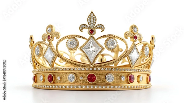 Obraz Luxurious Golden Crown Adorned with Diamonds and Precious Gems, Isolated on Transparent White Background