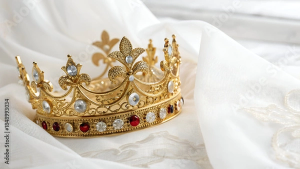 Obraz Luxurious Golden Crown Adorned with Diamonds and Precious Gems, Isolated on Transparent White Background