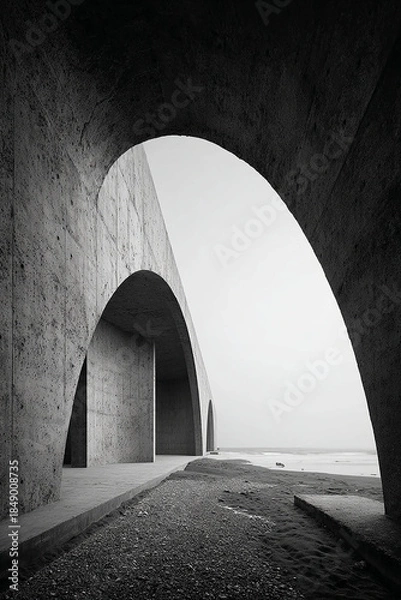 Obraz Black-and-white fine art photo of human body transforming into architectural structures, torso dissolving into bridges and columns, high-contrast surreal minimalism