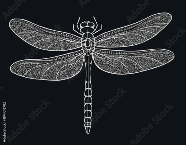Obraz Elegant dragonfly illustration in black and white woodcut style