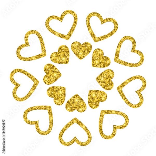 Obraz Golden Glitter Heart Circle Frame. Valentine's Day decorative round border isolated on transparent background