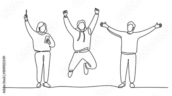 Fototapeta minimal line art illustration of happy people celebrating together, jumping and raising hands, teamwork success and community joy concept
