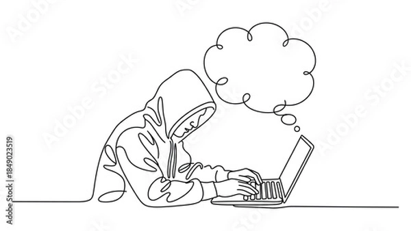 Fototapeta minimal line art illustration of anonymous hacker using laptop with thought bubble, cybersecurity concept, online privacy and digital threat sketch