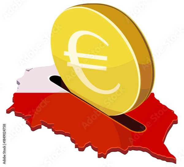 Fototapeta A large gold euro coin being inserted into a slot on a map of Poland with its national flag colors. Concept for investment, economy, or financial savings in Poland. (cut out)