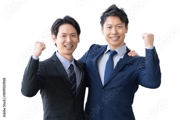 Obraz 肩を組んでガッツポーズをする2人の男性ビジネスマン（背景透過PNG）