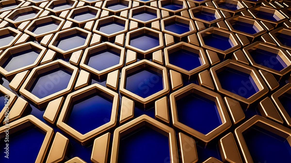 Fototapeta goldhexagonpatternbluebackground