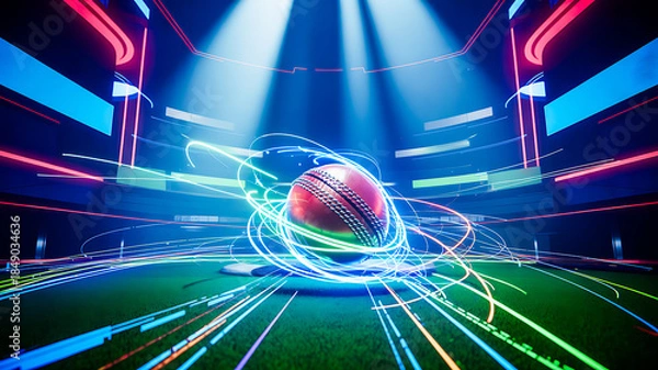 Fototapeta CricketBallWithNeonEffectsOnField