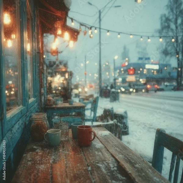 Fototapeta Snow falls quietly outside the window, steam rises from coffee cups above wooden tables. Generative AI