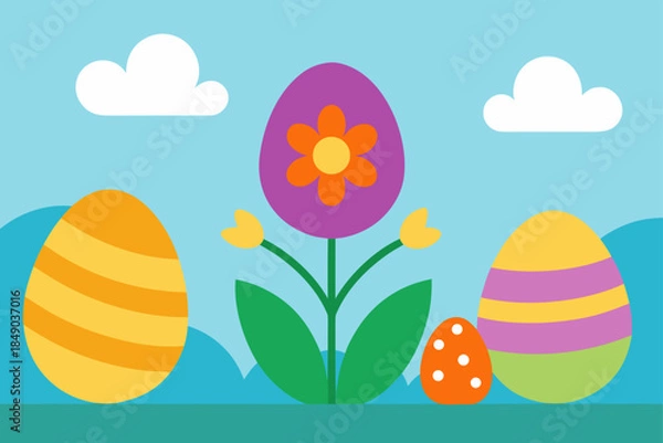 Fototapeta Colorful flat design easter eggs and spring flower scene