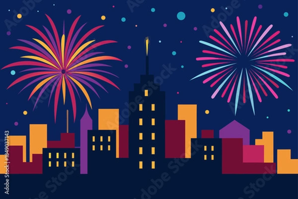 Fototapeta Colorful fireworks exploding over city skyline at night