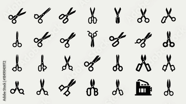Obraz Diverse Collection of Scissors Icons in Solid Black, representing various cutting tools on a light gray background.