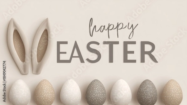 Obraz Happy easter text with bunny ears and speckled eggs