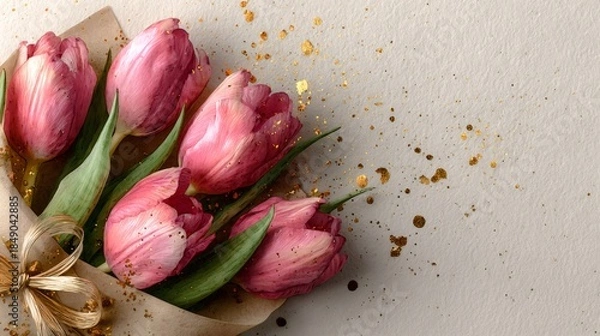 Obraz Pink tulip bouquet with golden glitter on background