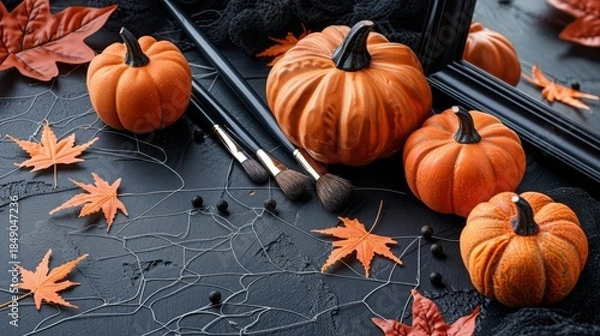 Obraz Step by step halloween makeup tutorial featuring brushes, palettes, and a colorful mirror setup