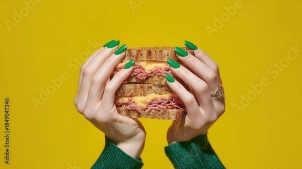 Obraz Hands with sandwich on yellow
