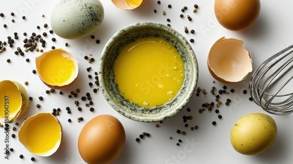 Obraz Eggs in a bowl with shells scattered