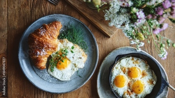 Obraz Breakfast with croissant and eggs