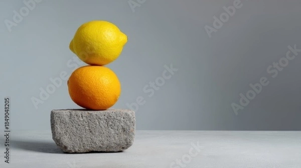 Obraz Two fruits stacked on a block