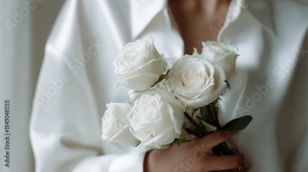 Obraz Woman holds white roses in hand