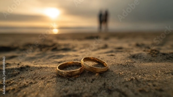 Obraz Couple stands on beach at sunset