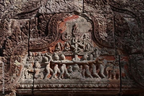 Obraz プレアヴィヒアの石壁の彫刻