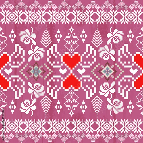 Obraz Seamless fabric art, Valentine's Day style, heart pattern, pink background, vector image, background image.