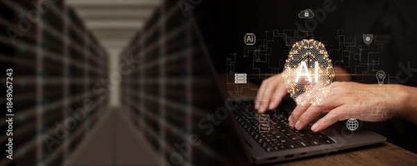Obraz Prompt engineer using artificial intelligence on laptop inside a data center environment, interacting with glowing Ai brain interface. Generative AI, cloud computing database, secure server system.