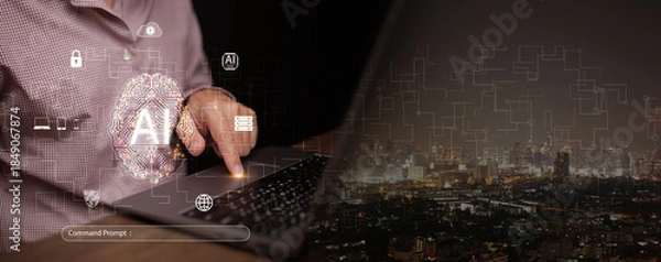 Obraz Prompt engineer using artificial intelligence on a laptop, interacting with glowing AI brain interface over a city. Generative AI, command prompts, smart digital technology, and business innovation.