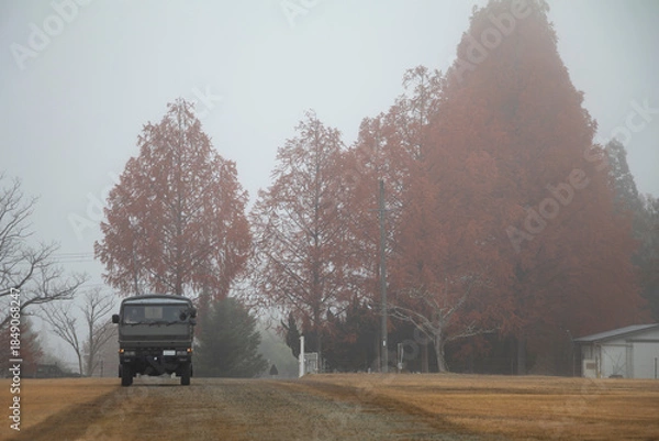 Obraz 紅葉した木と自衛隊のトラック