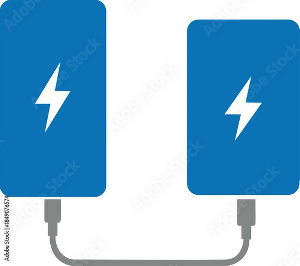 Fototapeta Smartphone connected to power bank with lightning icons, symbolizing mobile charging, backup battery, portable power supply, and modern digital lifestyle.