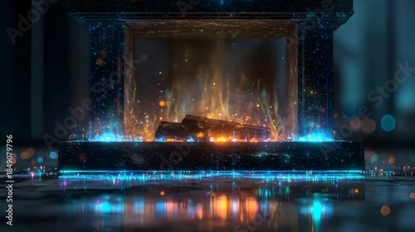 Fototapeta Modern Christmas fireplace background designed in cyber lighting style