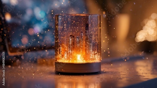 Fototapeta Glowing glass candle design with cyber reflections and soft snowfall